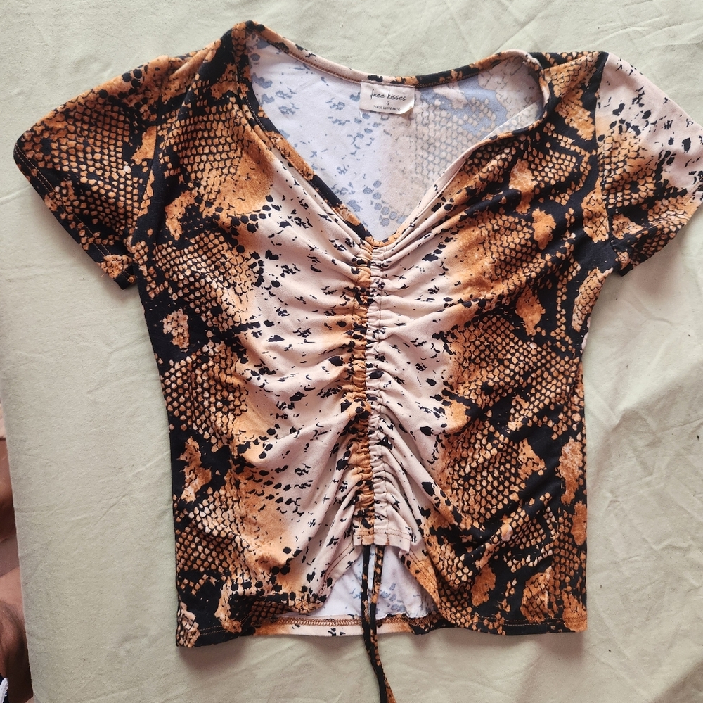 Free Kisses Black and Tan Snake Print Ruched Top